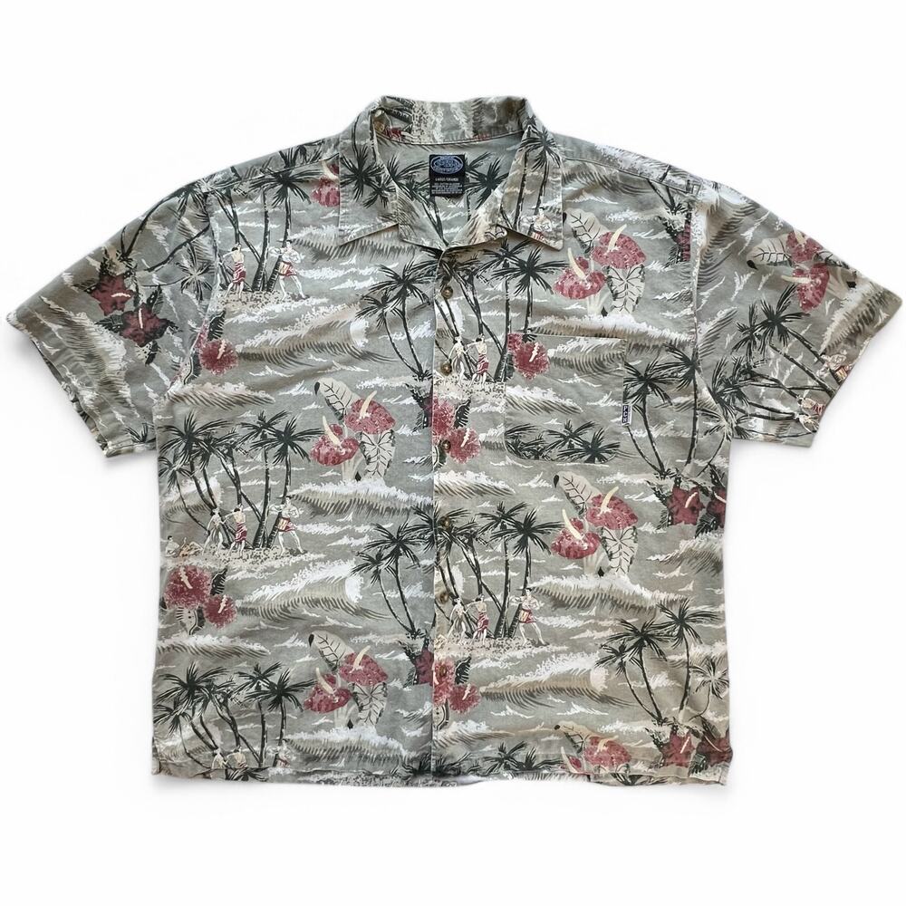 Vintage Pacific Coast Highway Hawaiian Hula Tropical AOP Surf Shirt Button Up L